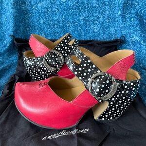 John Fluevog Prepare Find Women's Platform MaryJane Heel Red Berry Polka Dots